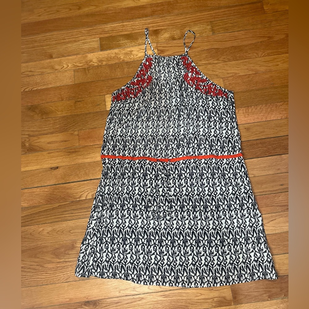 THML Anthropologie Dress Small Mini Boho Embroidered Black White Red Tie Waist